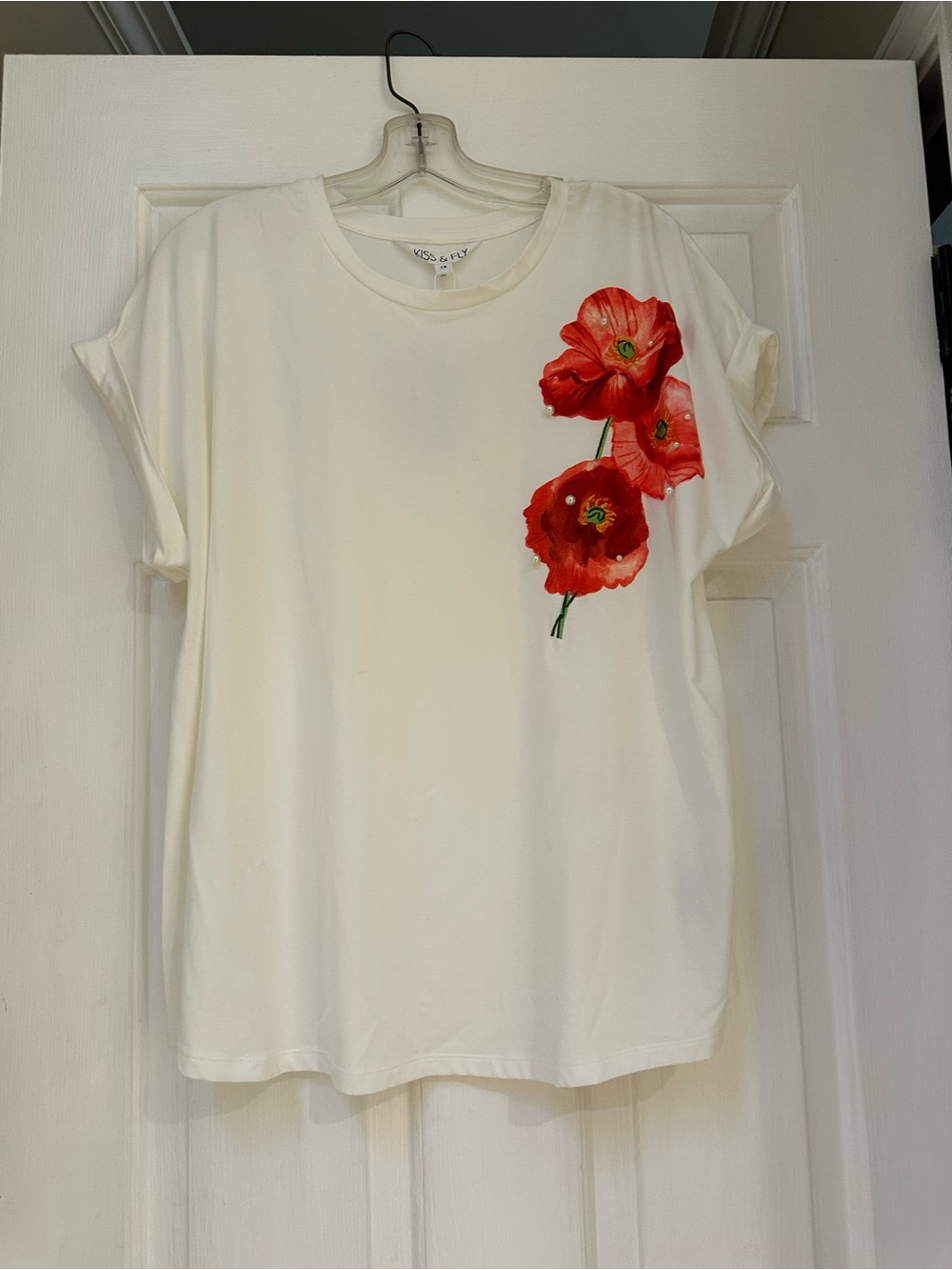 White Short-Sleeve Tee with Red Floral Accent